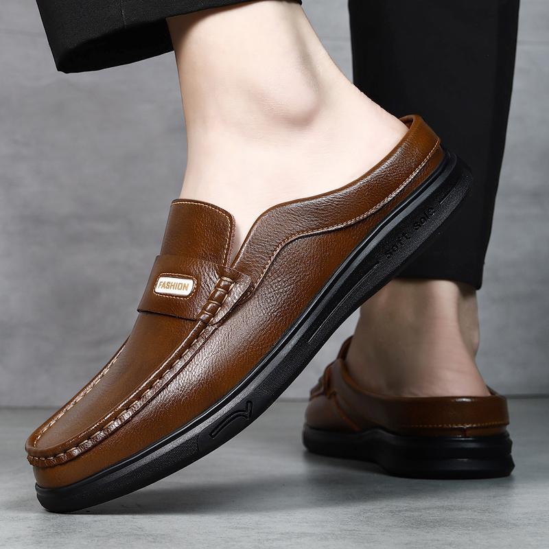 Fashion Breathable Mens Half Slippers Stylish Leathe Male Muller Shoes Loafers Comfy Muller Flats Lazy Shoes Soft Handmade Casual Shoes