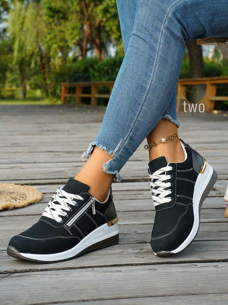 European & American Wedge Heel Fashion Sneakers: Versatile, Plus-Size, Color Block, Thick Sole Casual Shoes for Women