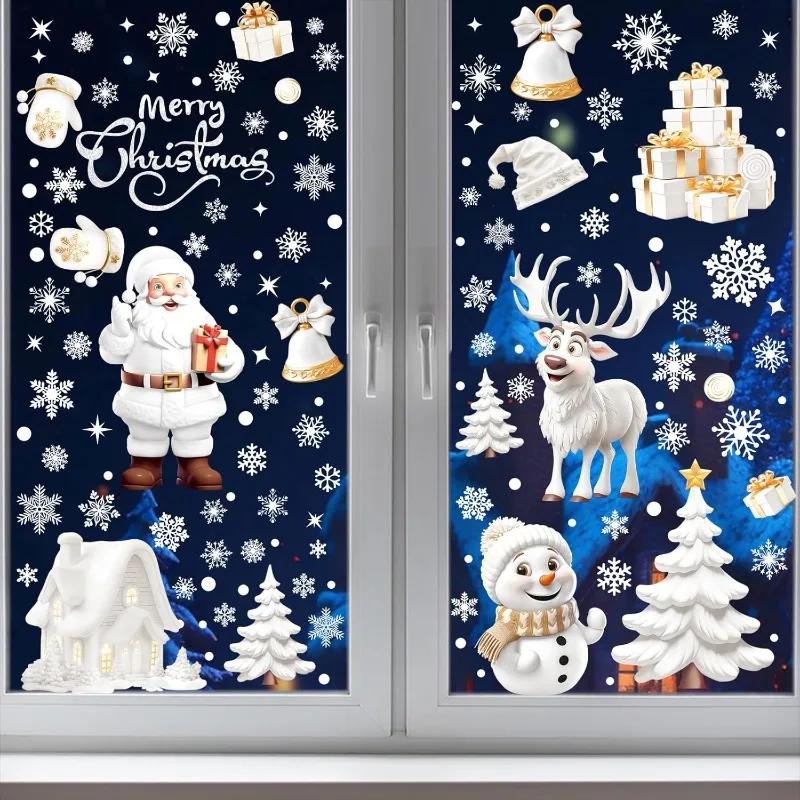 Christmas Window Stickers Christmas Window Clings Decals Double Sided Santa Claus Snowman Xmas Tree Scene Static Stickers Decor