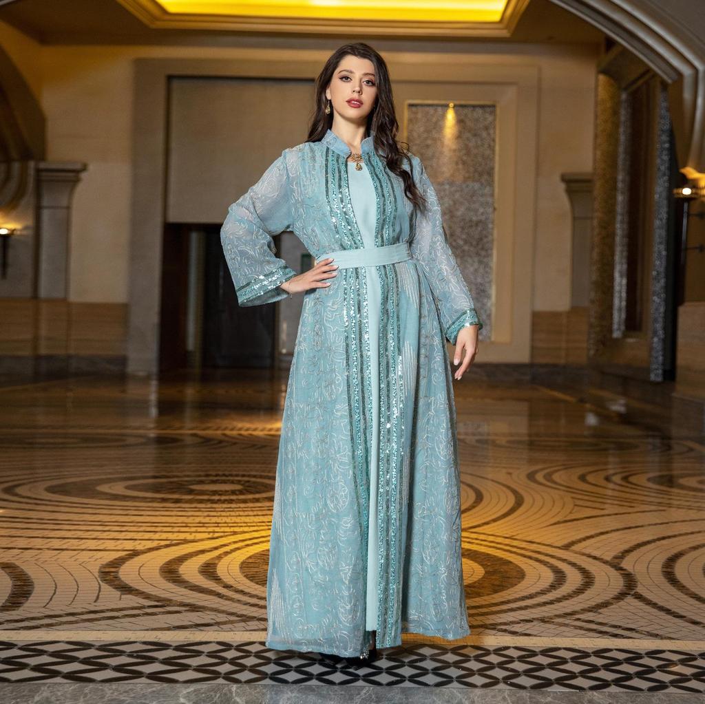 AB333 Elegant Middle Eastern Two-Piece Robe Set with Belt - Dubai Long Cardigan Dress