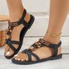 Fashion Ethnic Flower Open Toe Sandals Woman Retro Elastic Band Low Heel Black Sandal Female New Cross Strap Soft Sole Sandalias Mujer