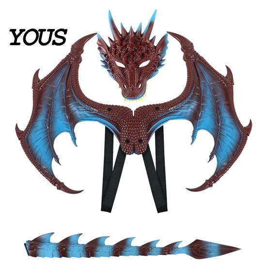 Dragon Dress Up Set Children's Costumes Set, with Mask Tail And Wing, Lightweight Red Blue Green Black Wings Cosplay Costumes, for Ages 3-12