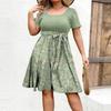 Women's Fashionable And Trendy Round Neck Short Sleeved Waist Print Dress In Plus Size