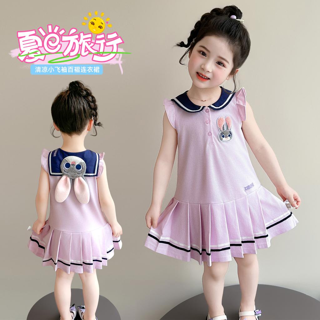 Girl Rabbit Police Officer Knitted Pleated Skirt Summer 2026 New Item Baby Girl Flying Sleeve Navy Collar Summer Dress Princess Skirt