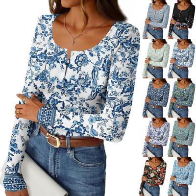 Women's Slim Bottom T-shirt Fashion Casual Gradient Printing Round Neck Pullover Long Sleeve Top