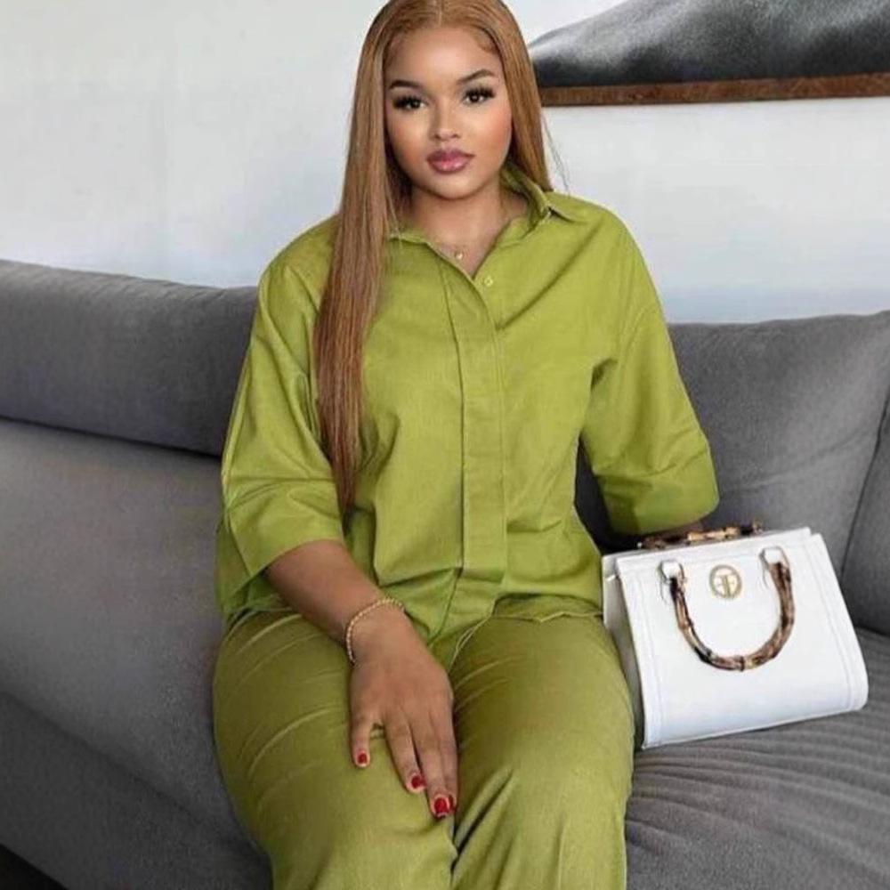 Women 2 Piece Set Elastic Waist Pocket Folds Decorate Wide Leg Pants+Solid Single-Breasted Slit Hem Blouse Top