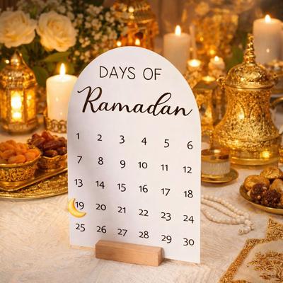 Acrylic Ramadan Advent Calendar White Mirror Wooden Base Countdown Calendar DIY Crafts 30 Days Ramadan Table Ornament