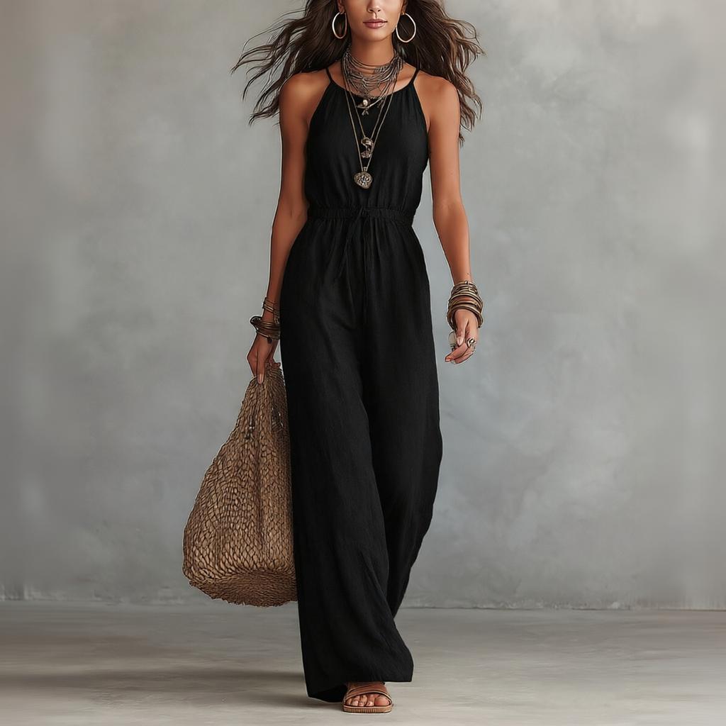 Women's Sleeveless Jumpsuit Linen Cotton Blend Wide Leg Relaxed Fit Casual Romper with Elastic Waist and Adjustable Straps for Summer