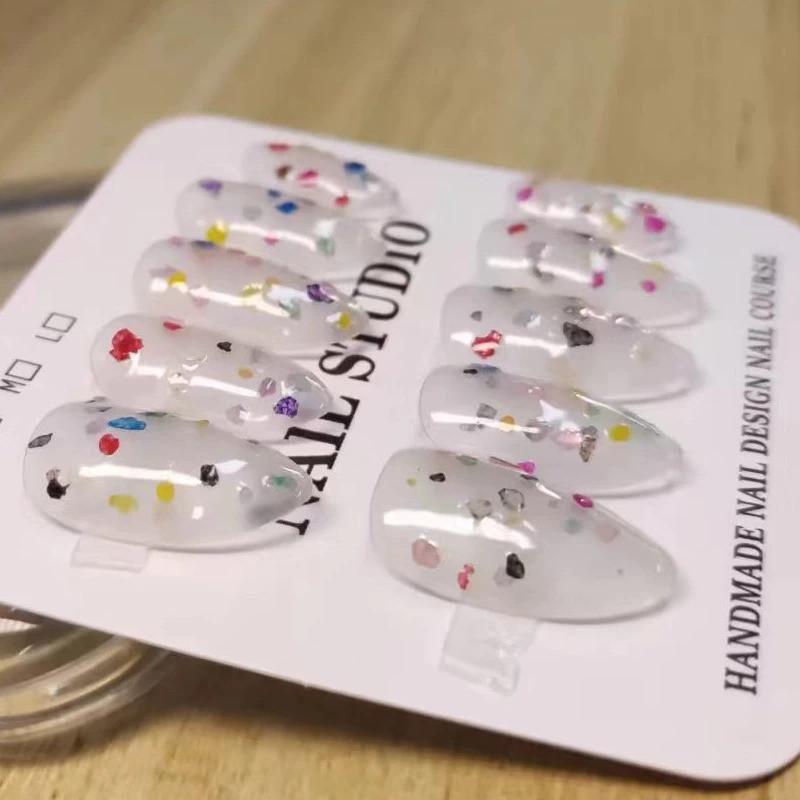 Handmade Short Almond Shape Jelly Transparent Color With Color Patches Fake Nail Set With Glue & Box Simple Artificial Nails Press On Nails Reusable