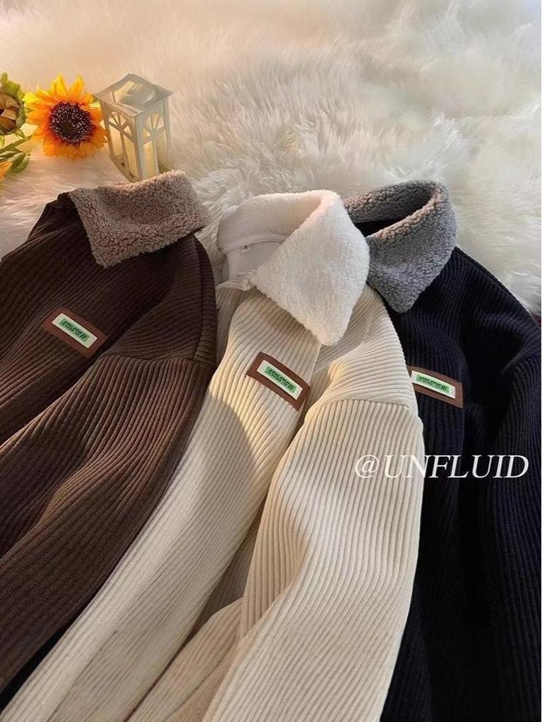 Unisex Cord-Kapuzenpullover mit Kragen, Herbst/Winter, mit Samtfutter, Japanischer Lässiger Stil, Gemütliches Nischen-Design.