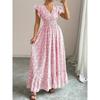 Summer Floral Printed Long Dress with Ruffled Short Sleeved V-neck Fashion Big Swing A-line Holiday Party Dress Elastic Waist Loose Casual Clothing