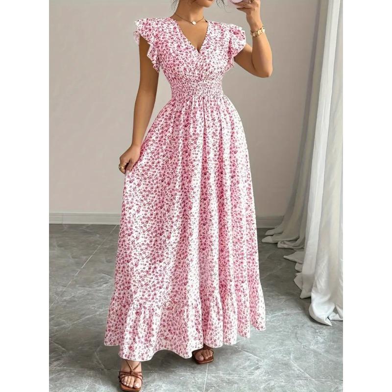Summer Floral Printed Long Dress with Ruffled Short Sleeved V-neck Fashion Big Swing A-line Holiday Party Dress Elastic Waist Loose Casual Clothing