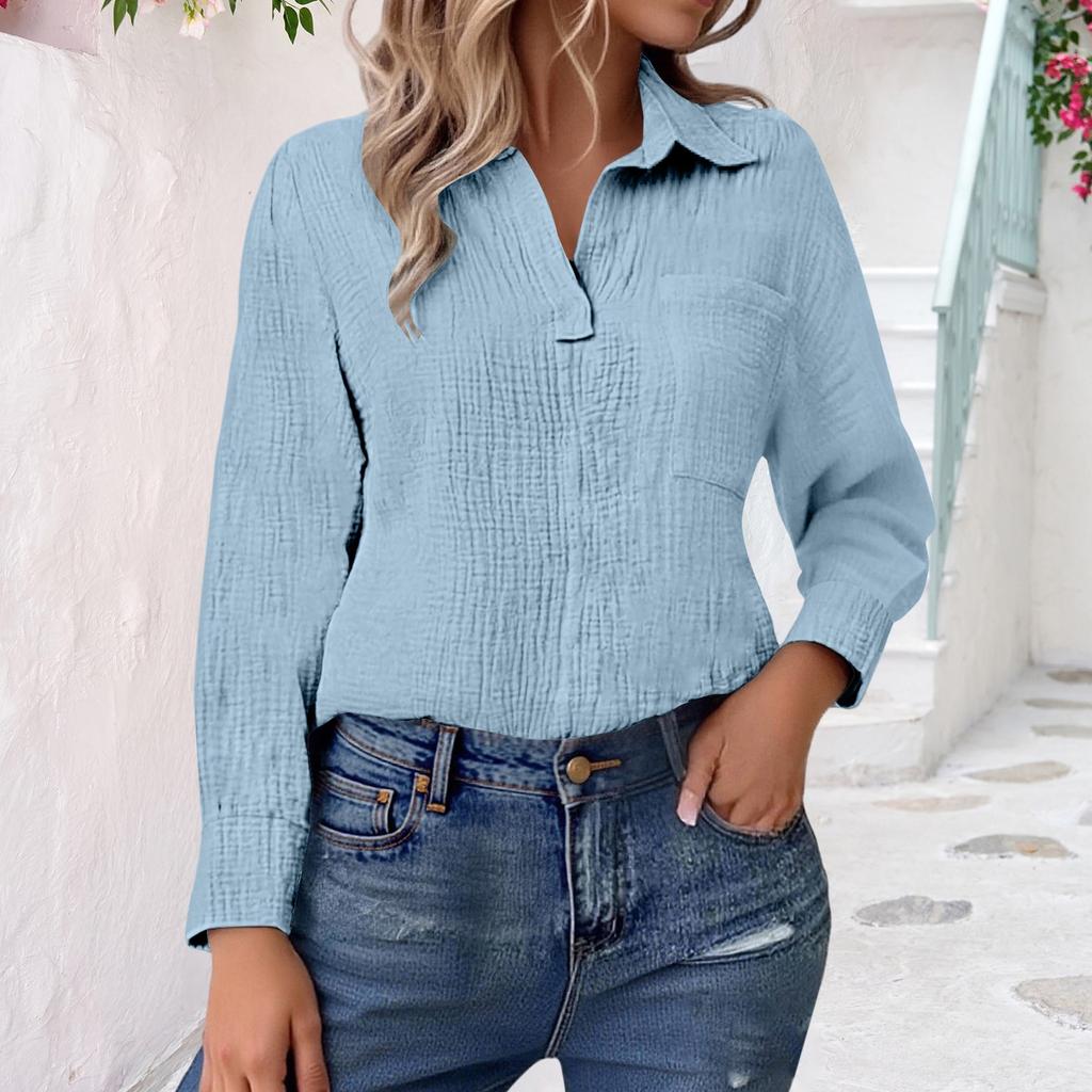 Womens V Neck Shirts Long Sleeve Casual Collared Shirt Loose Blouses Solid Color Tops With Pocket