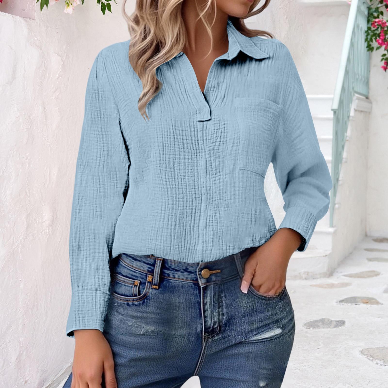 

Женские рубашки с V-образным вырезом, с длинным рукавом, повседневные рубашки с воротником, свободные блузки, однотонные топы с карманом XL