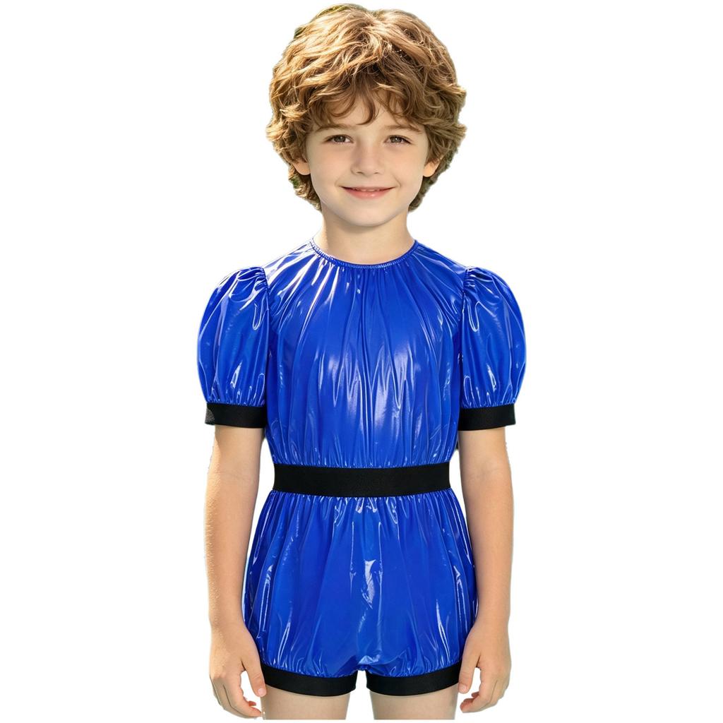 Unisex Kids Waterproof Bodysuit Puff Sleeve Round Collar Back Zipper Jumpsuit for Daily Wear Special Needs Adaptive