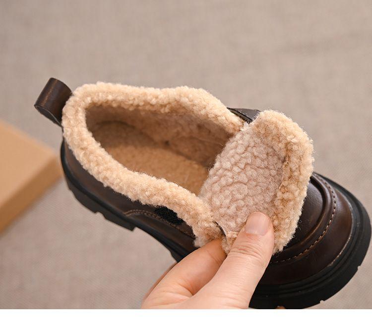2025 Girls' Fleece-Lined Leather Loafers with Buckle, Thick-Soled Mary Janes, Brown
