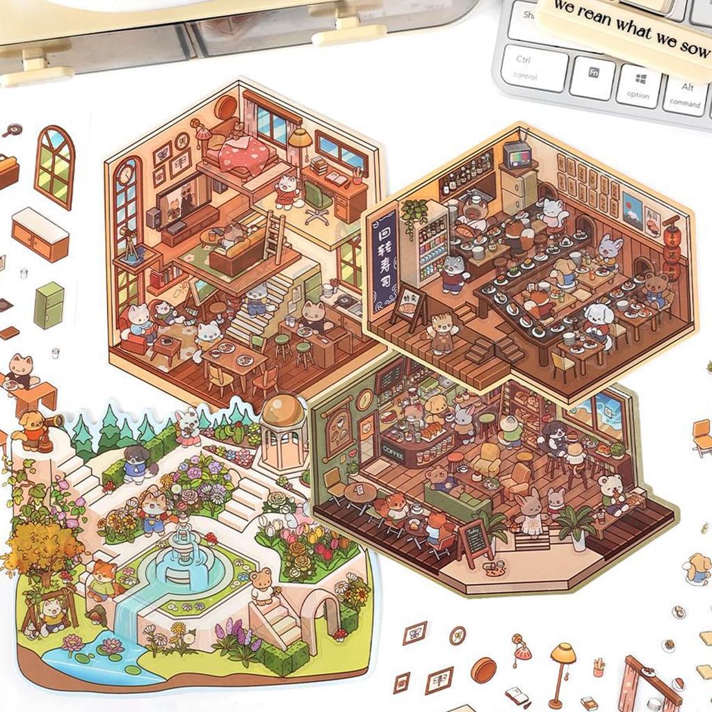 3D House Sticker Set of DIY Collage Scenery Landscaping Paper Miniature Paper 3D Korean Style Decorative Planner Stress Includes Tweezers Forest Hotel