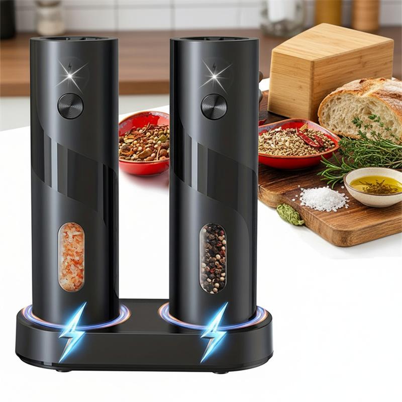

2pcs Rechargeable Electric Salt and Pepper Grinder Set USB Automatic LED Adjustable Coarseness Stainless Steel Kitchen Gadgets чорний