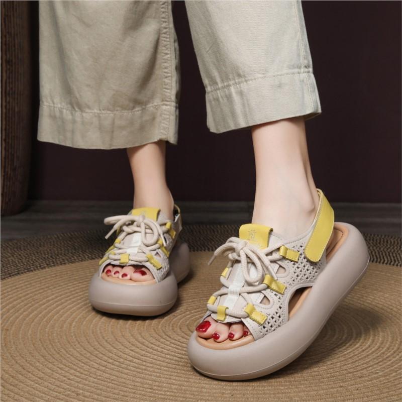 

Johnature Thick Soled Peep Toe Sandals Genuine Leather Comfortable Casual Women s Flat Platform Shoes 35 бежевий