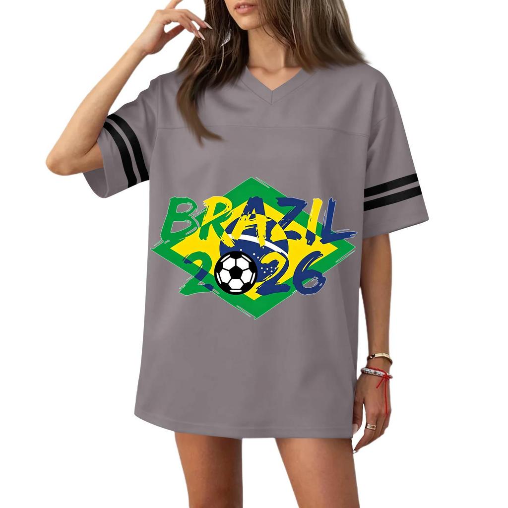 Women’s Casual V Neck Short Sleeve Soccer Jersey Top with Flag Print and 2026 Graphic Loose Fit Sports Shirt