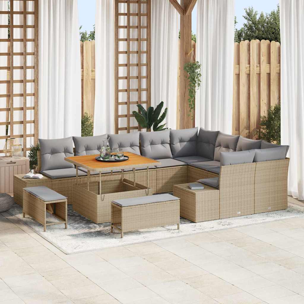 Garden Sofa Set with Cushions and Storage 12 Pcs Beige Poly Rattan