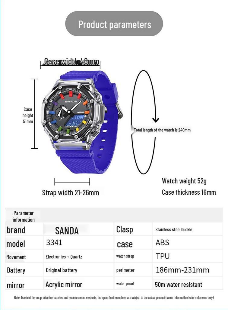 Sanda Octagonal Transparent Multifunctional Waterproof Unisex Wristwatch