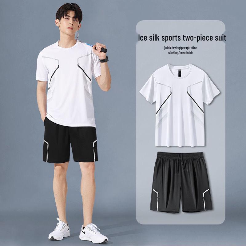 Men's Ice Silk Quick-Dry Fitness T-Shirt & Shorts Set - Short Sleeve Sportswear for Summer, Ideal for Basketball, Running, and Training.