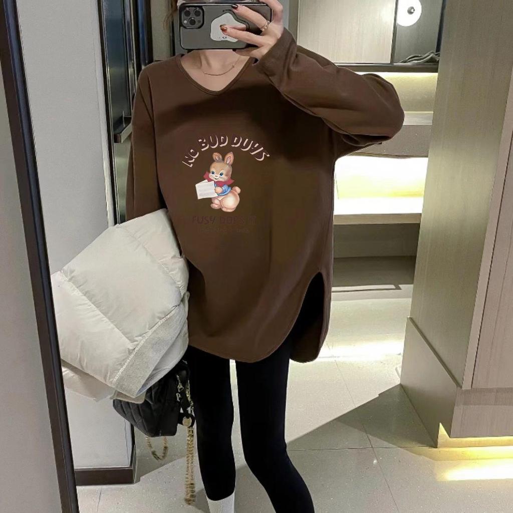 Women's Korean Style Long-Sleeve Velvet Brushed White T-Shirt, Loose Fit, Plus Size, Mid-Length for Autumn and Winter