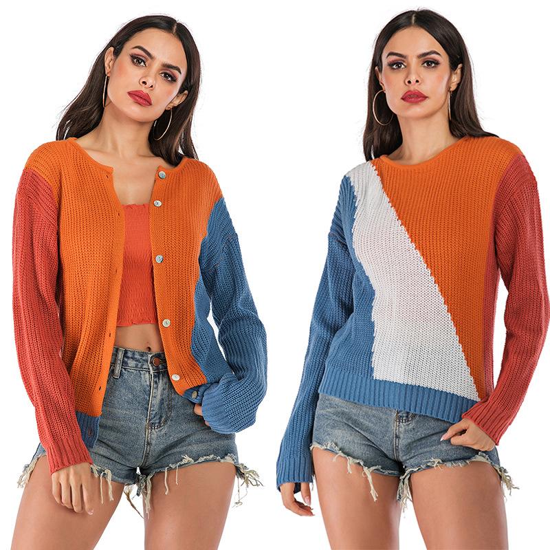 Casual Trend Versatile Autumn Color Clashing Round Neck Long Sleeve Loose Double-sided Knitted Sweater Jacket Women