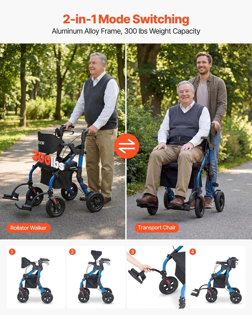 2-in-1 Rollator Walker & Transport Chair for Seniors, Foldable Rolling Walker Wheelchair, Lightweight Aluminum Mobility Walking Aid with Solid PU