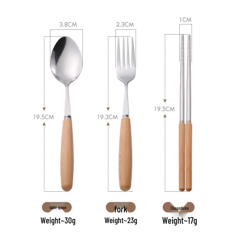 ZISIZ Wooden Handle Stainless Steel Student Cutlery Set, 2-Pack