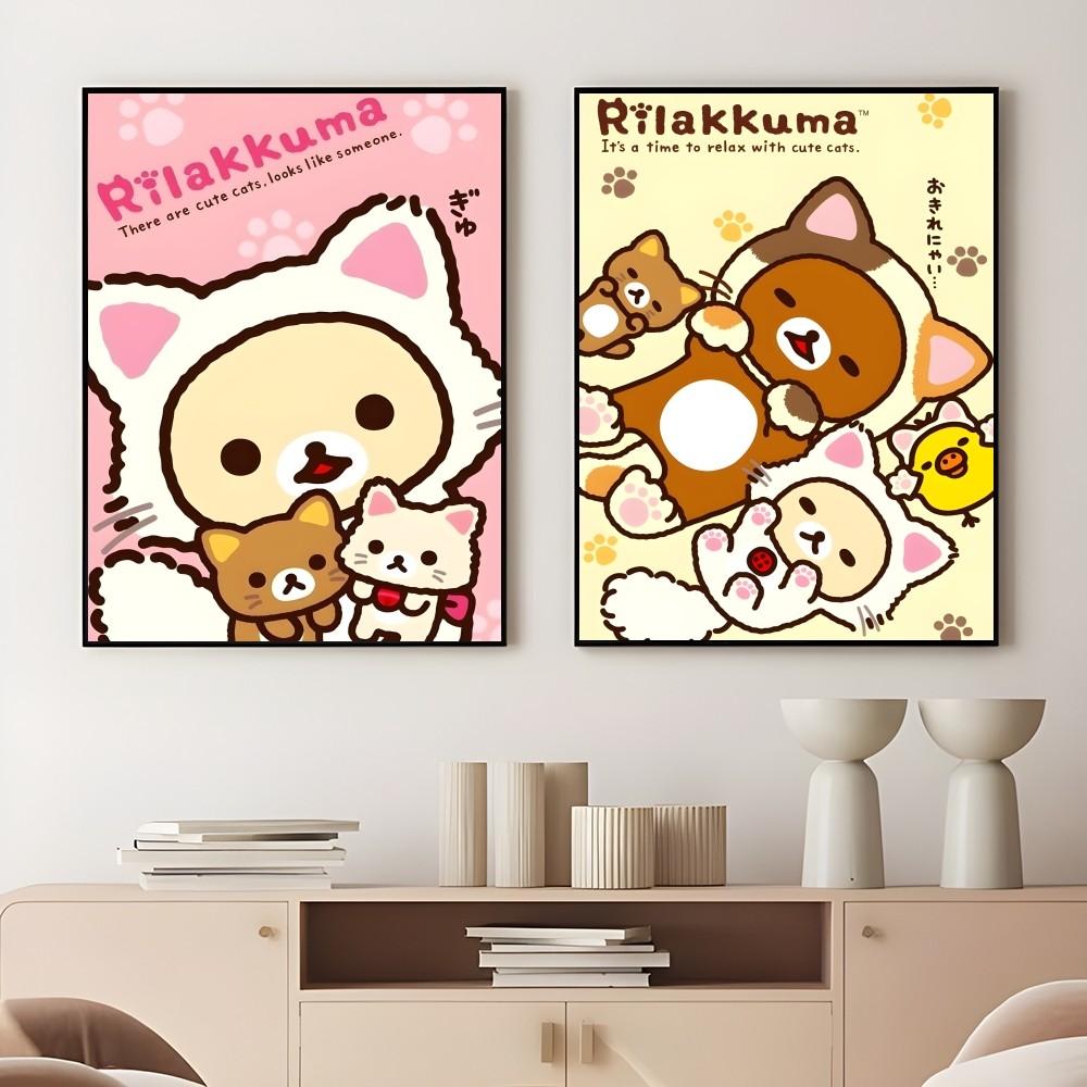 Uroczy Kreskówkowy Anime Rilakkuma Klasyczny Plakat HD 4K Samoprzylepny Druk na Ścianę Wodoodporny Wystrój Estetyczny do Domu Salonu Sypialni Baru