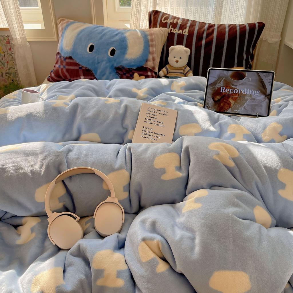 Double-Sided Thickened Milk Fleece Bed Four-Piece Coral Fleece Quilt Cover Fleece Sheet Three-Piece Bedding