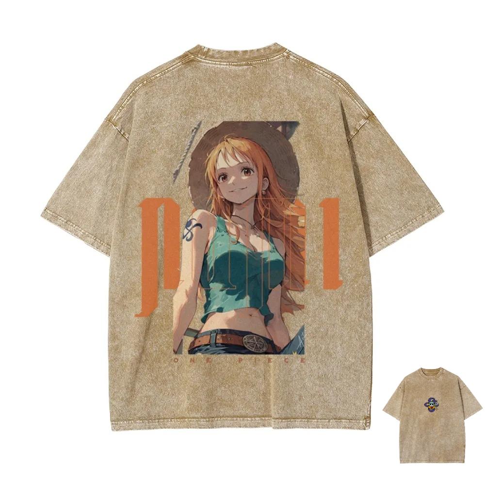 New ONE PIECE Nami Print Retro Washed Shortsleeved Beach Casual Style Harajuku Street Tshirt Summer Mens and Womens Y2k Top
