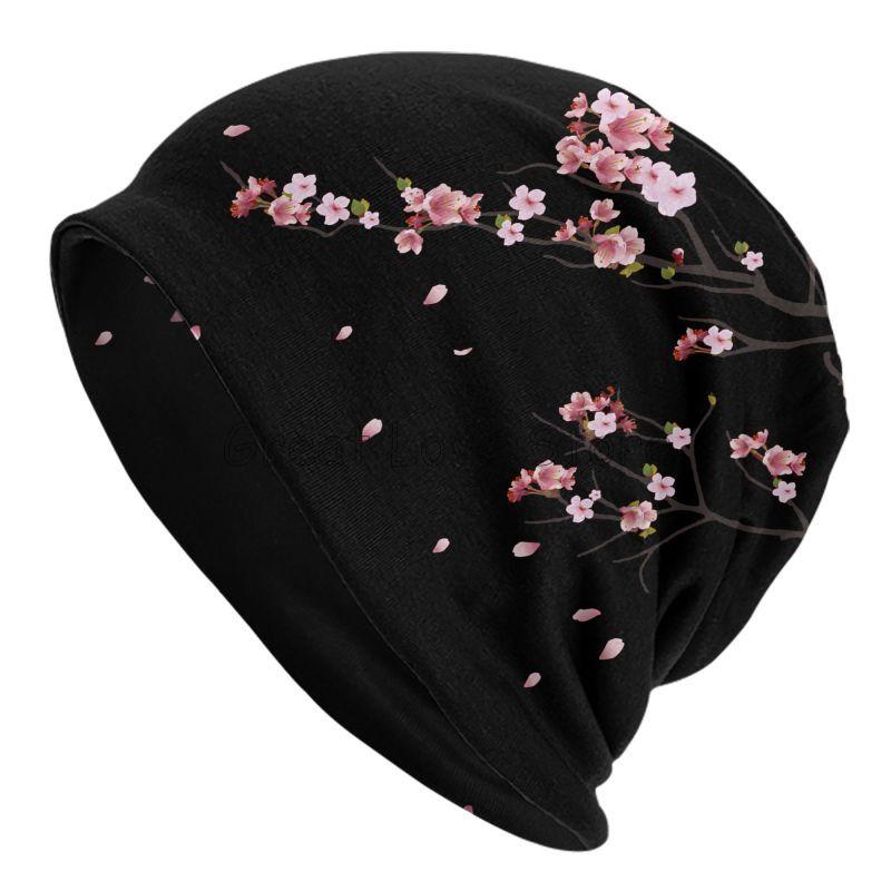 

Japanese Sakura Cherry Blossoms Black Beanie Hat Unisex Warm Bonnet Cap Adults Knit Hat Headwear Vintage Street Skullies Beanies