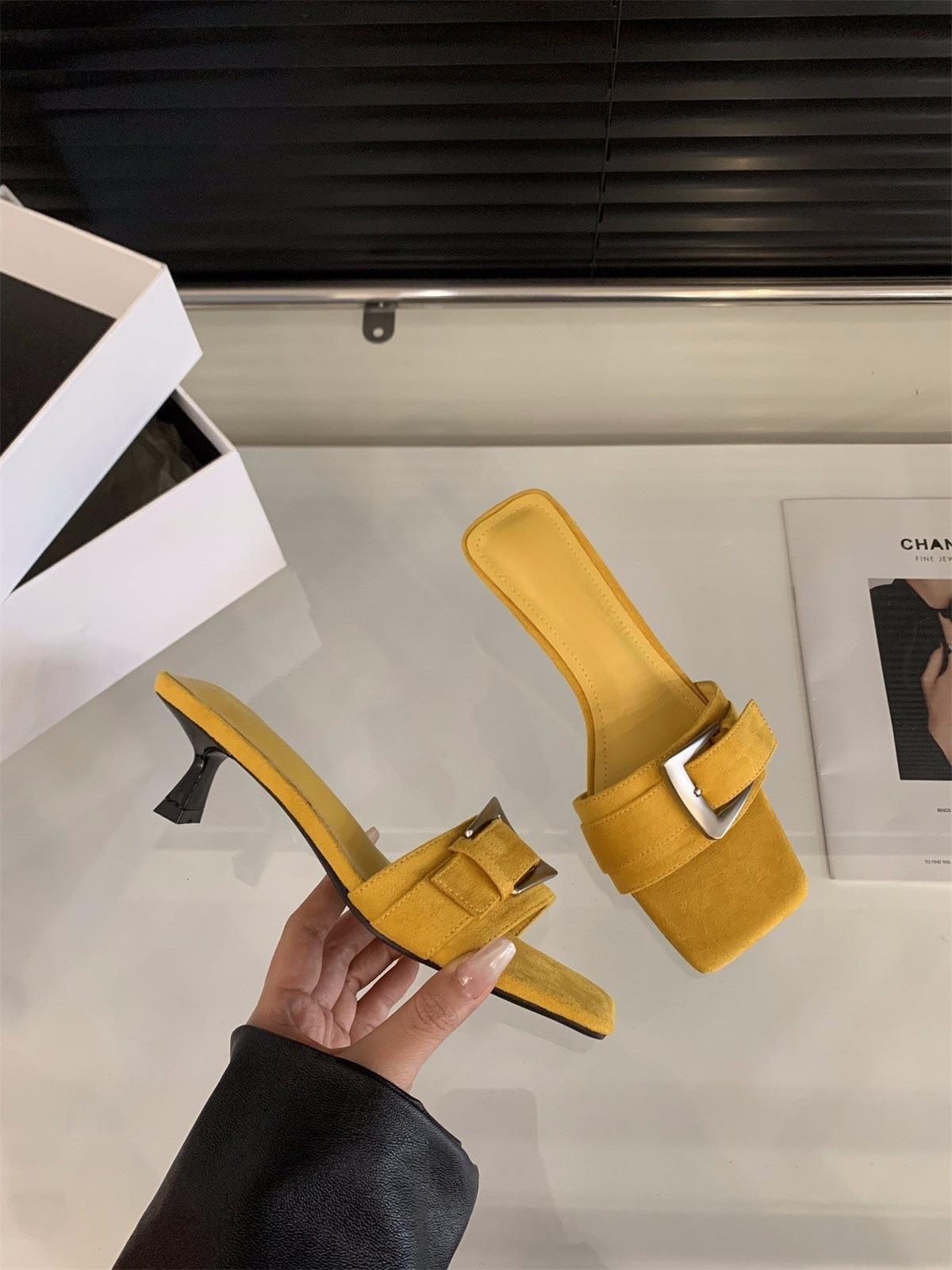 

French small heel high heels red one-word slippers women s shoes wear 2025 new summer temperament sandals 40