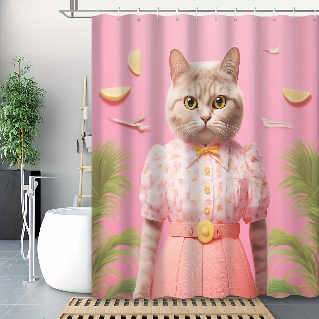 Duschvorhang: Entzückende Katze in einem stilvollen Blumenkleid für eine verspielte und skurrile Badezimmerdekoration