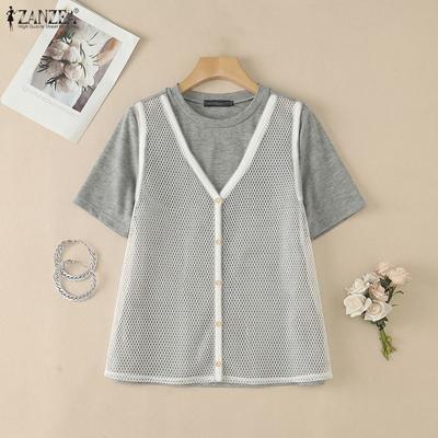 Camisetas Casuales de Mujer con Cuello Redondo, Holgadas, de Retazos, Manga Corta