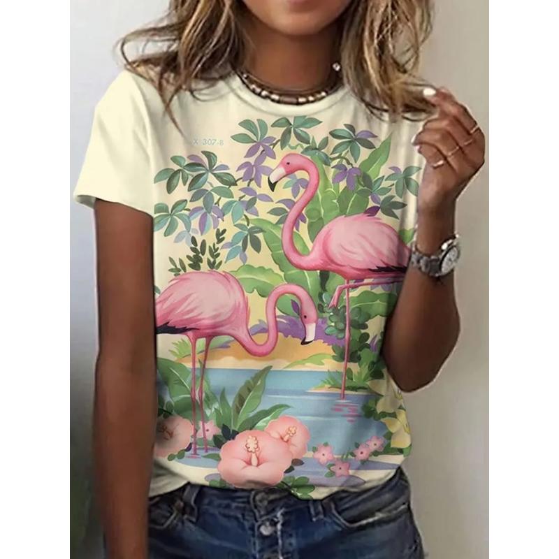 Moda Donna Girocollo Manica Corta Stampa Animale Colorata 3D T-shirt Manica Corta Girocollo con Animali