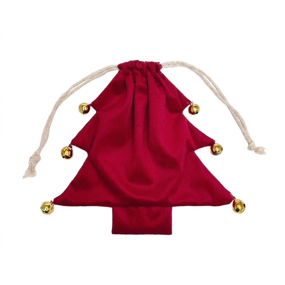 Velvet Christmas Tree Gift Bags Colorful Pom Pom Metal Bell Xmas Tree Hanging Pouch Soft Touch Tree Shaped