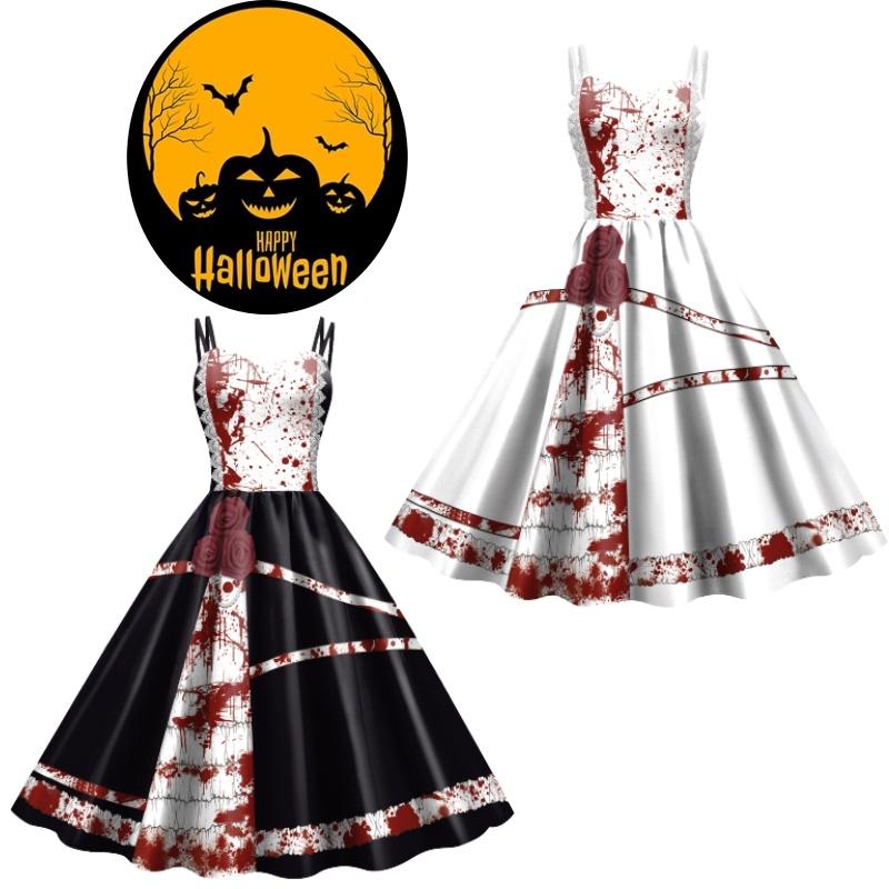 Jialin Halloween Dress For Women Scary Printed Sleeveless Costume Dress Summer)