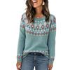 Women's Round Neck Geometric Color Block Loose Fit Pullover Sweater