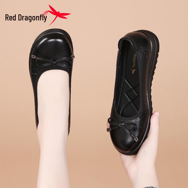Red Dragonfly Women's Summer Slip-on Leather Sandals – Hollow, Breathable, Casual Shoes for Women and Moms.