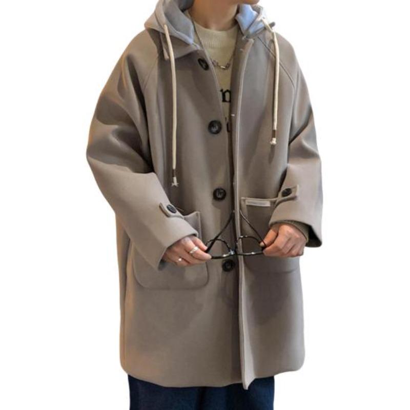 Yousheng Men Woolen Coat Hooded Drawstring Long Sleeve Single Breasted Jacket Coat with Large Pockets Long Windbreaker