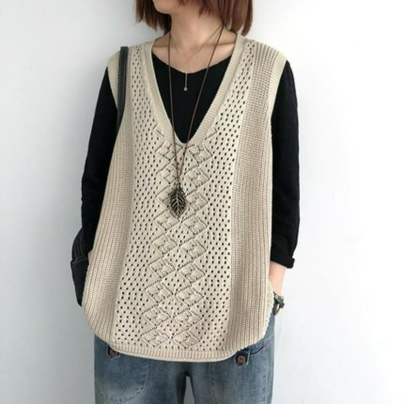 Knitted Vest Women's Vest Thin Loose Large Size Hollow Sleeveless Outer V-neck Waistcoat Retro Pullover Vest Women
