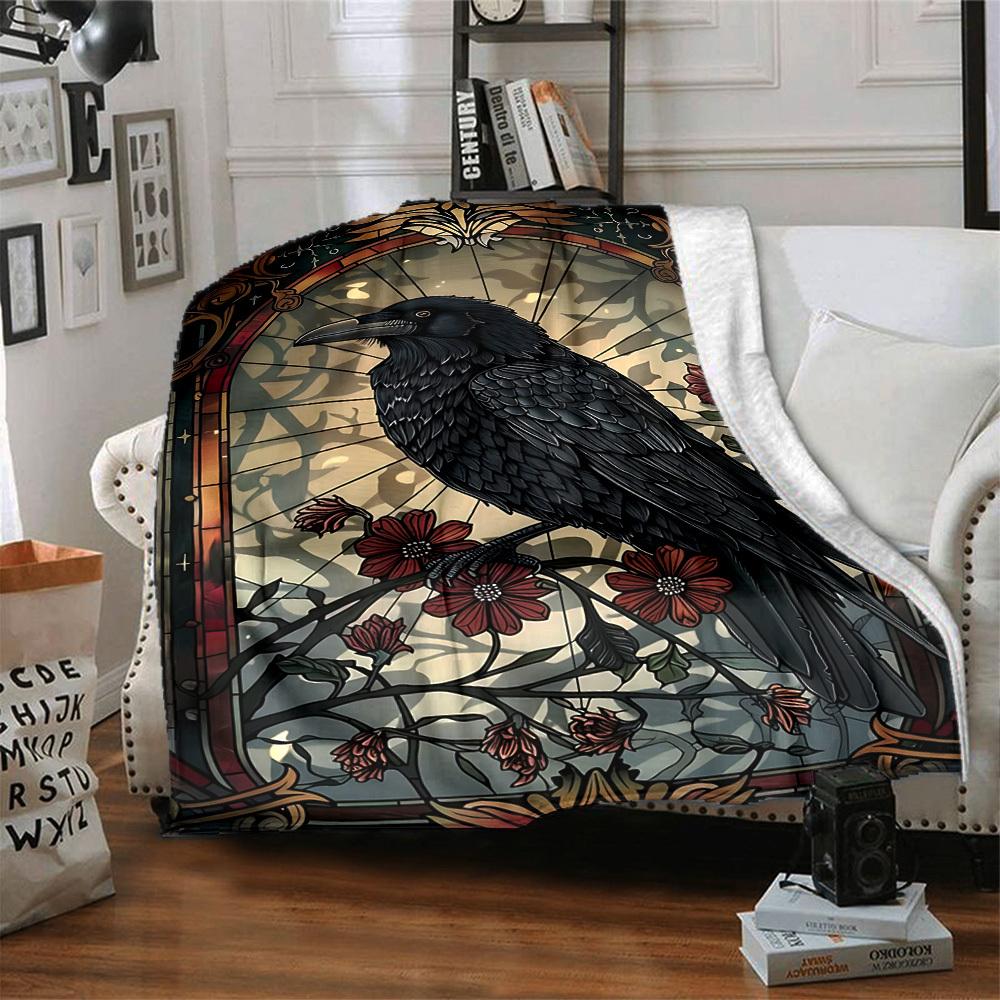 1pc Stained Glass Raven Blanket - Lightweight Flannel Fleece with Digital Printing, Soft Warm for Sofa, Travel, Camping, Office yy251018314