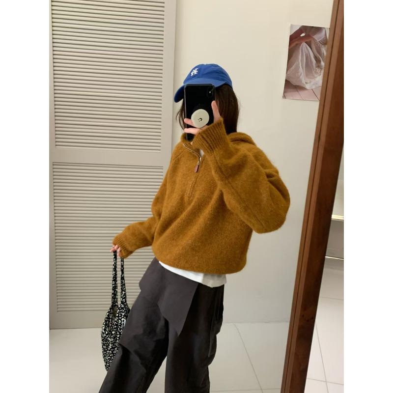 TIFICY Women's Fashion Casual Fall Winter Solid Color Print Long Sleeve Hooded Tops Women's Clothing Woolen Knitwear Sweaters