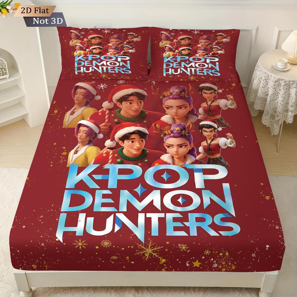 3 Christmas K-Pop Demon Hunters Print coreless Bed Sheet Set Multiple Size Bedcover Bedroom Bedding Decoration Machine Washable