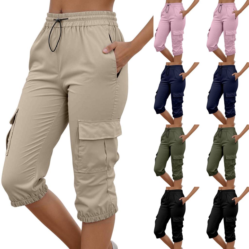 Damen High Waist Cargo Jogginghose Caprihose Elastischer Bund Kordelzug Verstellbare Länge Leichte Freizeithose mit Taschen
