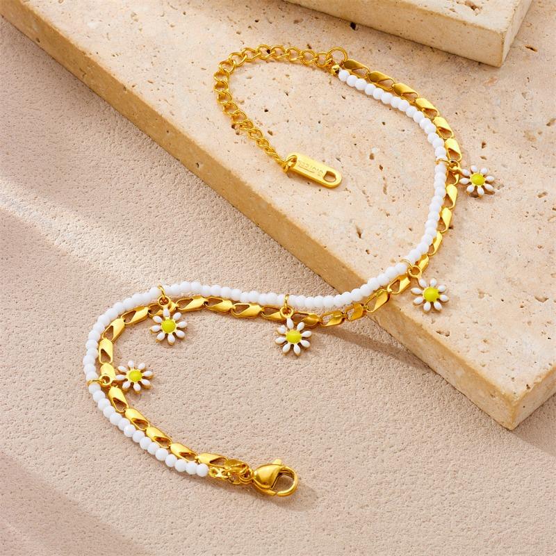 Gold Plated Layered Daisy Anklet, Dainty Paperclip Chain with White Beads & Enamel Daisy Charms, Cute Summer Foot Jewelry for Women Gift